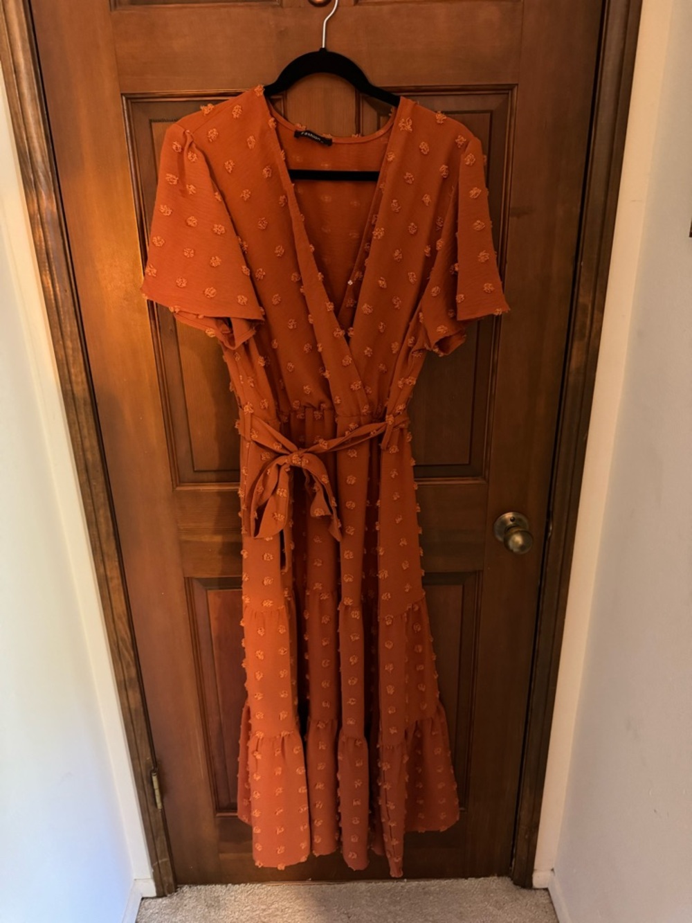 Rust Orange Textured Maxi Dress with Tie Waist